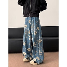 花卉牛仔裤男女美式高街设计感裤子直筒宽松阔腿拖地裤RK2413-P47，男装牛仔裤，星座412-2