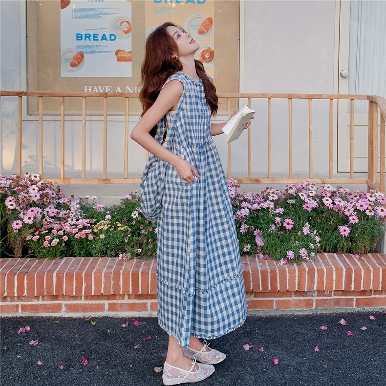 法式复古蓝色格子无袖背心连衣裙女夏2025新款气质温柔风超火长裙,女装连衣裙,2C088
