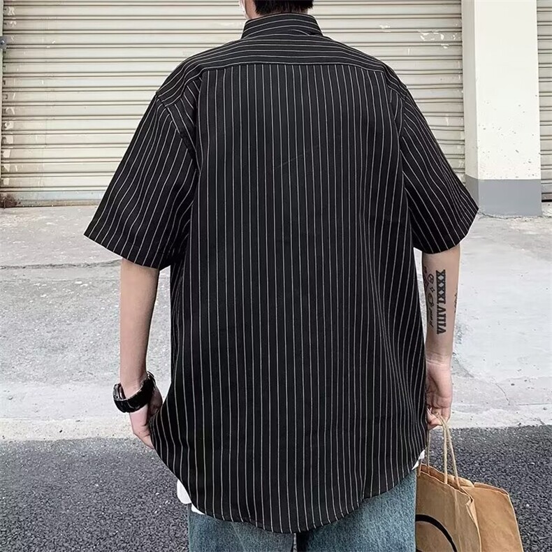 1506/Q5850/P35港风ins条纹衬衫男短袖百搭宽松七分袖衬衣,男装T恤,星座1506