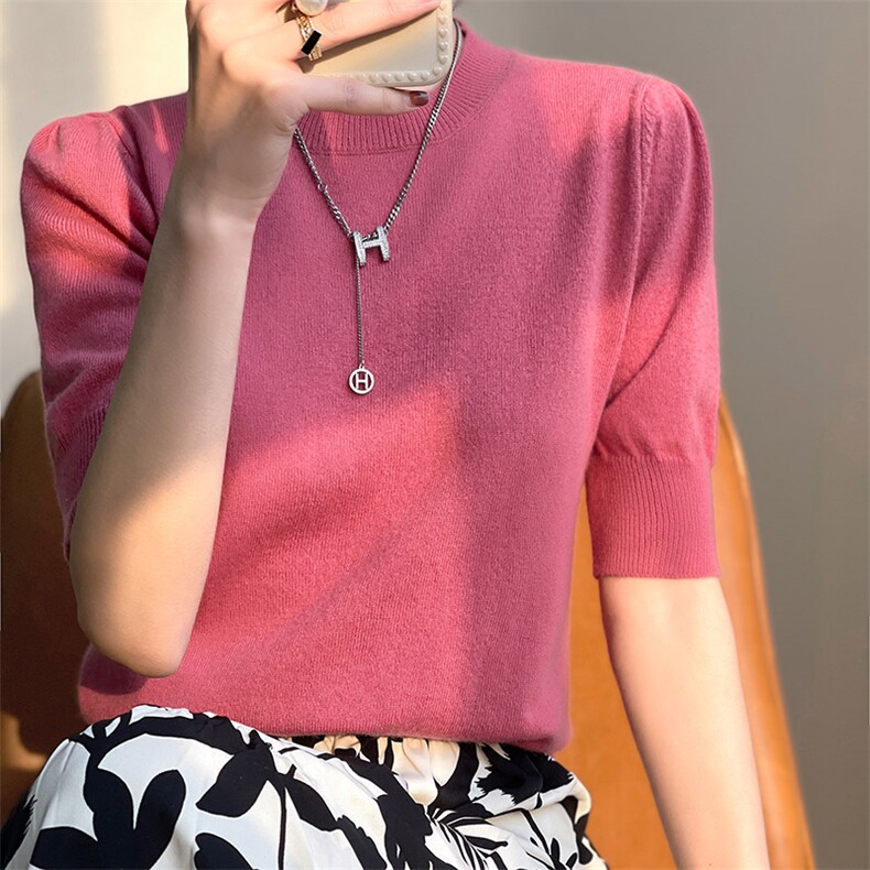 通勤简约薄款圆领针织短袖女夏季宽松显瘦套头半袖T恤羊毛衫,女装羊毛衫,耀日羊绒