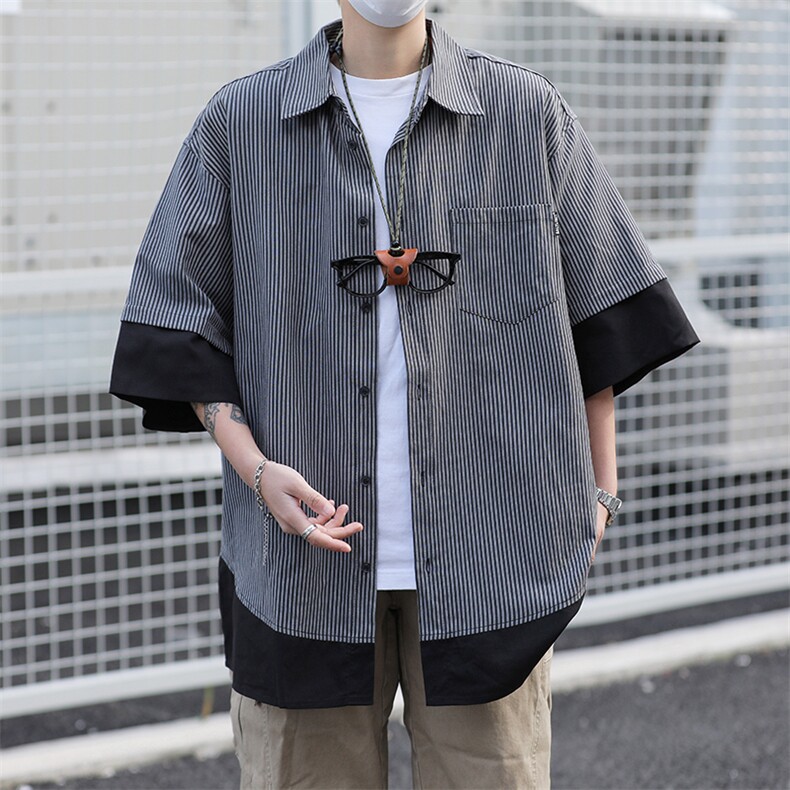 短袖衬衫男宽松假两件上衣ins港风夏季薄款衬衣外套C0513-P35,男装衬衫,星座308B-2