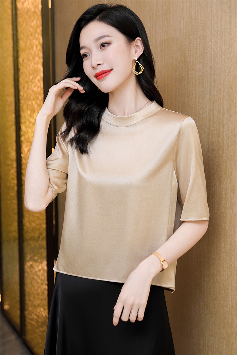 重磅真丝短袖衬衫女士2022年夏季气质圆领宽松桑蚕丝半袖小衫衬衣,女装衬衫,阿舍尔精品