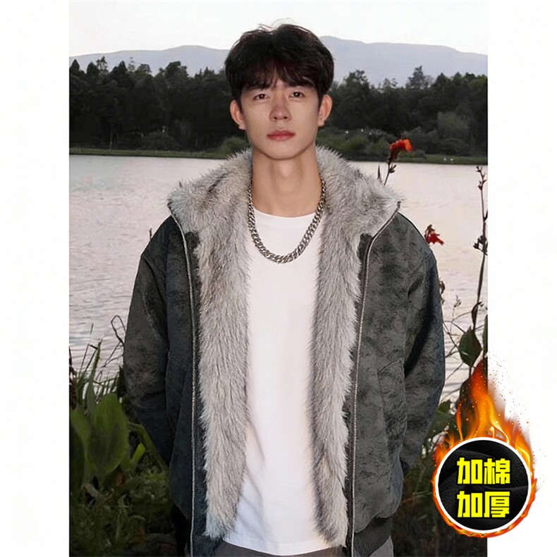现货高品质美式高街重磅座山雕毛毛领pu皮棉衣男女加厚棉服冬外套，男装皮衣，电商A443