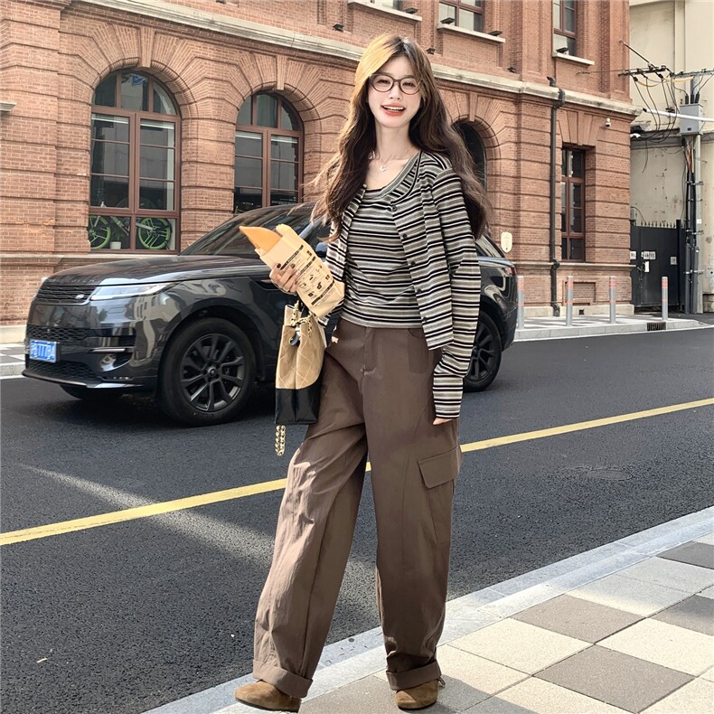 设计感韩版休闲运动套装女春秋美式复古条纹开衫阔腿裤三件套潮,女装套装/套裙,维壹