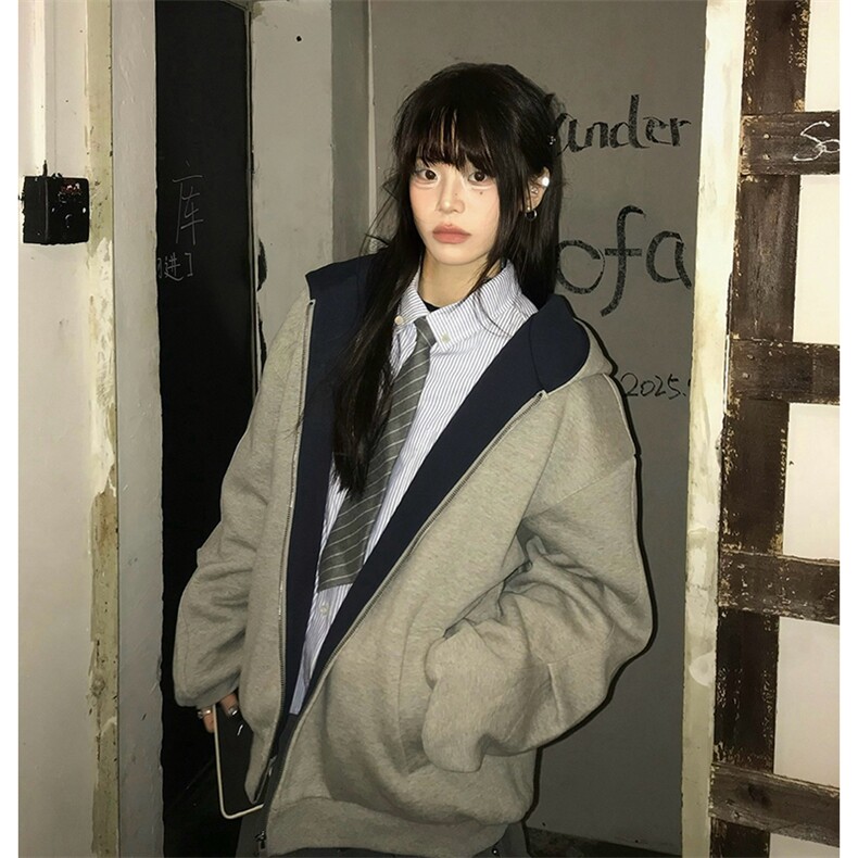 抖音得物高品质二开26春装美式重磅宽松结构双面连帽卫衣外套W68,女装短外套,电商A486-1