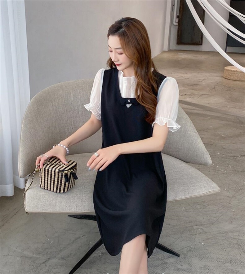 新款气质蝴蝶结拼接假两件A字连衣裙，女装连衣裙，炅缇恩