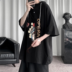 LD54161-P45连帽短袖t恤男大码胖子带帽五分袖中袖，男装T恤，电商A040