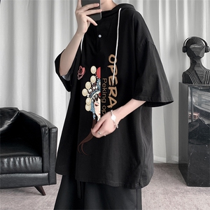 LD54161-P45 连帽短袖t恤男大码胖子带帽五分袖中袖图片