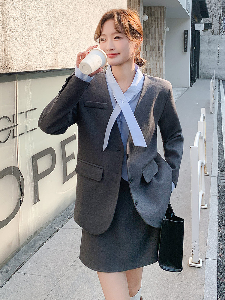 灰色西装女裙春秋2025新款高级感气质ootd穿搭又a又飒,女装西装,浙宝193A