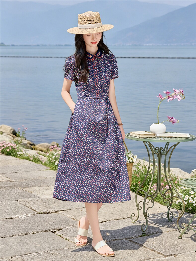 田园风碎花刺绣连衣裙女春夏收腰显瘦中长裙（细节图颜色为准）,女装连衣裙,水衣源