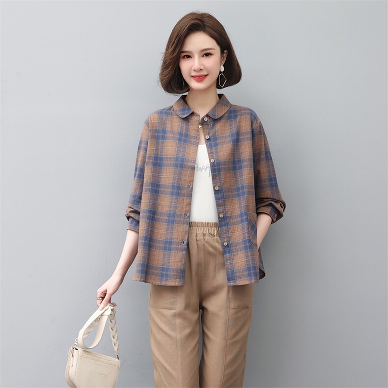 格子衬衫外套女春秋2026年新款大码宽松中年妈妈翻领休闲纯棉上衣,女装衬衫,独衣靓