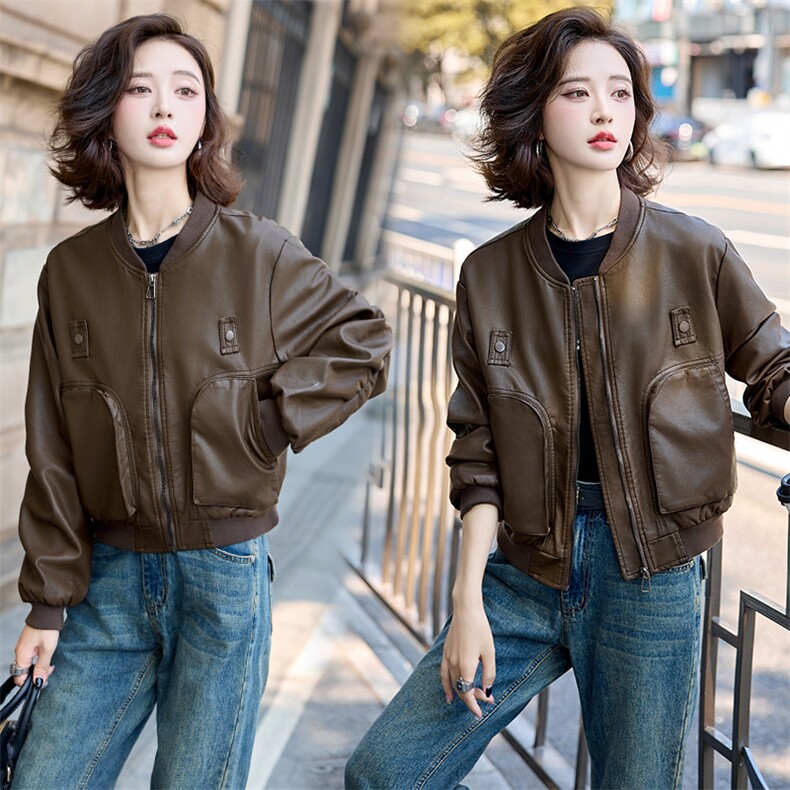 小个子皮衣外套女棒球服上衣春秋款时尚高级感港风复古显瘦皮夹克，女装皮衣，臻衣坊