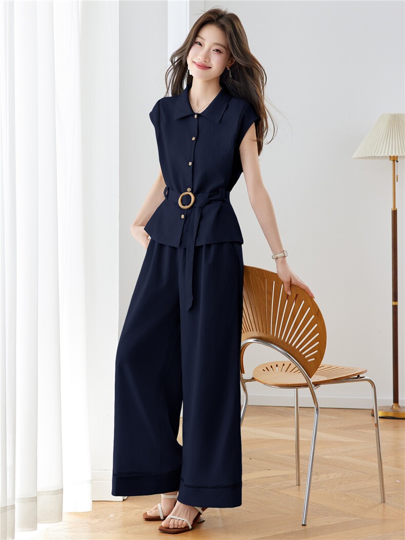 现货！休闲时尚套装女2026夏季新款气质收腰无袖上衣阔腿裤两件套,女装套装/套裙,沐七七