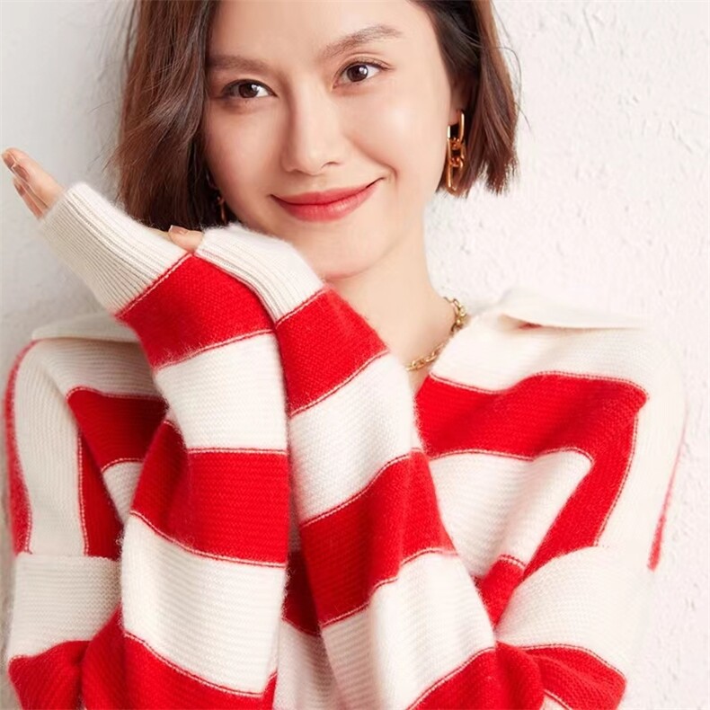 polo领条纹针织衫女2024年秋冬新款宽松外穿洋气羊毛毛衣,女装羊毛衫,千御纺羊绒
