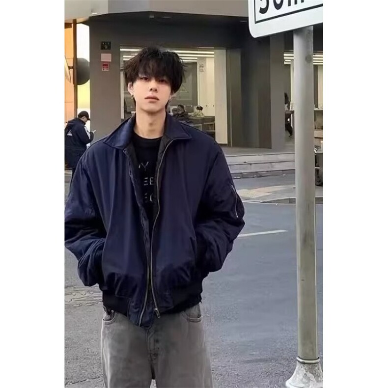 复古藏蓝色工装外套男款棉衣设计感高街棒球服飞行员夹克M8212,男装夹克,星座1116A（原606A-3）