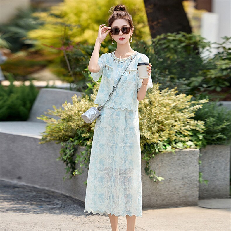 小香风镂空蕾丝套装裙女2025夏新款亮片拼接名媛气质半身裙两件套,女装连衣裙,英标秀（1C119）