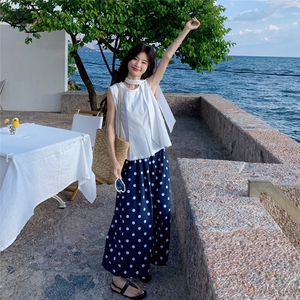 法式棉麻波点无袖套装女2025夏新款时尚显瘦气质女神范高端两件套图片