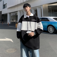 美式高街长袖潮流翻领Polo衫春季oversize华夫格卫衣男W7217-P36，男装卫衣，星座512-2