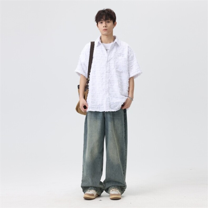 盐系男友风衬衫男小香风外套短袖上衣流苏格子衬衣夏季C2085-P45,男装衬衫,星座210-1