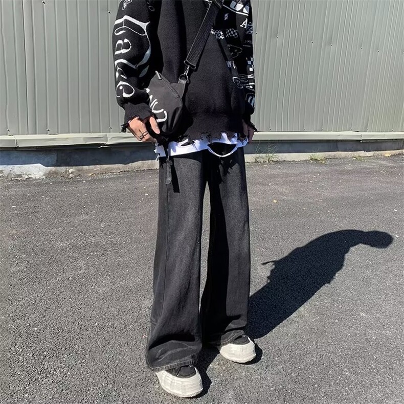 美式复古牛仔裤男女高街潮牌做旧水洗黑色渐变宽松直筒休闲长裤图片