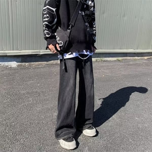 美式复古牛仔裤男女高街潮牌做旧水洗黑色渐变宽松直筒休闲长裤图片