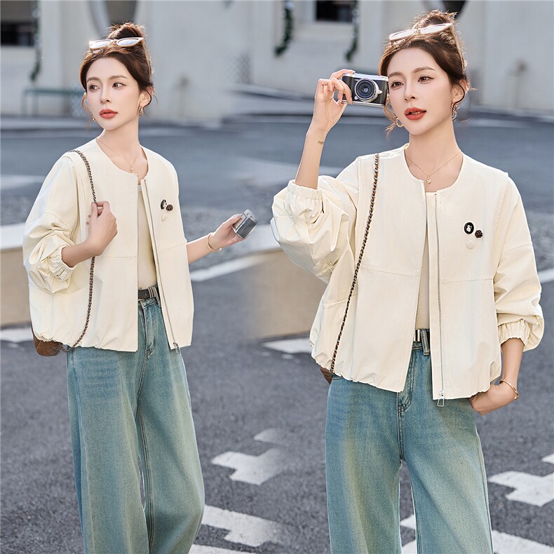 短款外套女2026春季新款圆领宽松小个子百搭休闲夹克上衣，女装短外套，恋慕依尚