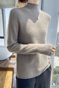 卷边半高领100%纯羊毛衫女长袖针织衫毛衣秋冬宽松羊绒衫打底上衣图片