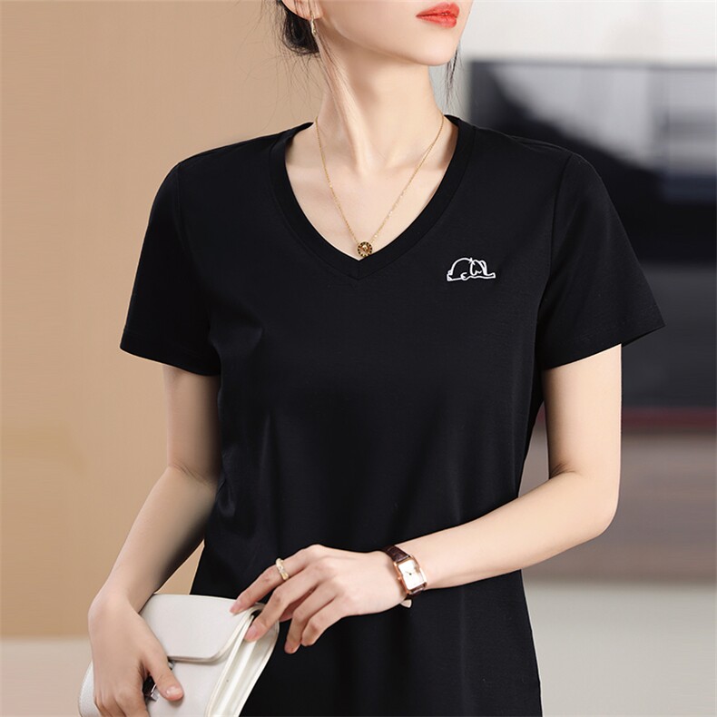 2025款夏季简约V领短袖t恤女丝光棉百搭修身上衣纯色打底衫,女装T恤,元素羊绒