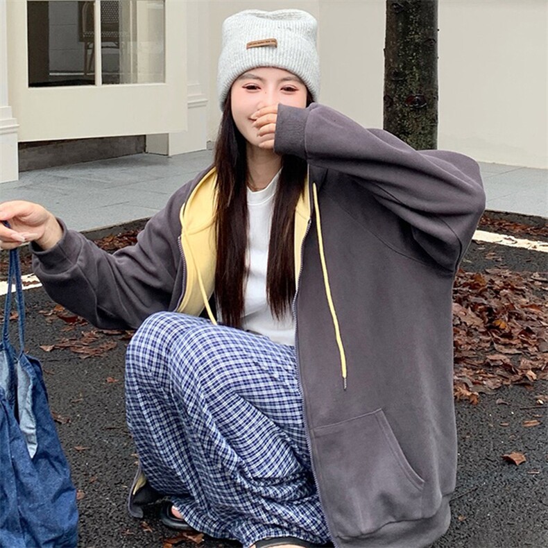 抖音得物二开美式高街重磅结构双层撞色连帽卫衣开衫外套W116图片
