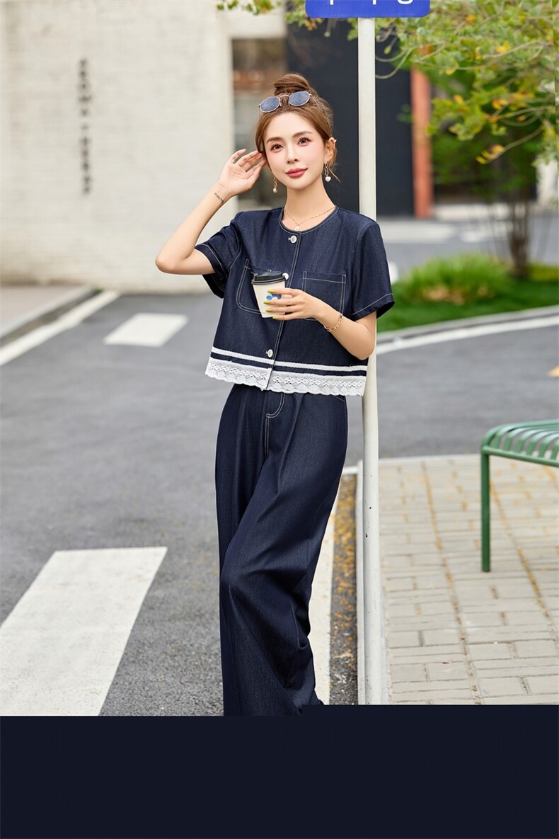 夏日ootd穿搭牛仔套装女2025新款设计感蕾丝拼接上衣阔腿裤两件套,女装套装/套裙,涵墨