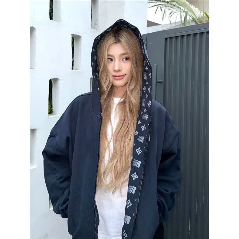 美式高街水洗做旧卫衣女春季2025新款春秋款宽松连帽开衫拉链外套,女装短外套,星座1210-1