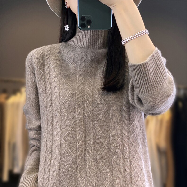 宽松型常规套头2025年夏季长袖高领羊毛衫时尚百搭纯色,女装羊毛衫,春贝羊绒