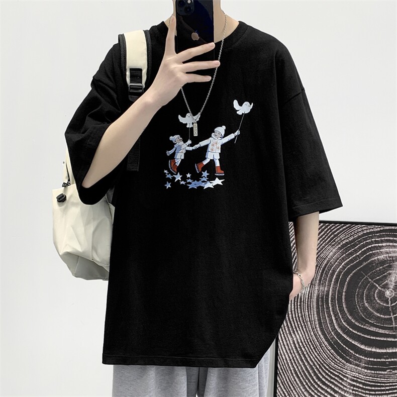 T118P20大皂风宽松卡通鸽子印花休闲百搭港风情侣T恤短袖纯棉,男装T恤,电商A026-1
