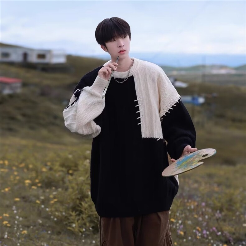 网络图现货秋冬季小众设计拼接撞色宽松休闲毛衣针织衫J561-P55,男装针织衫/毛衣,星座715-7
