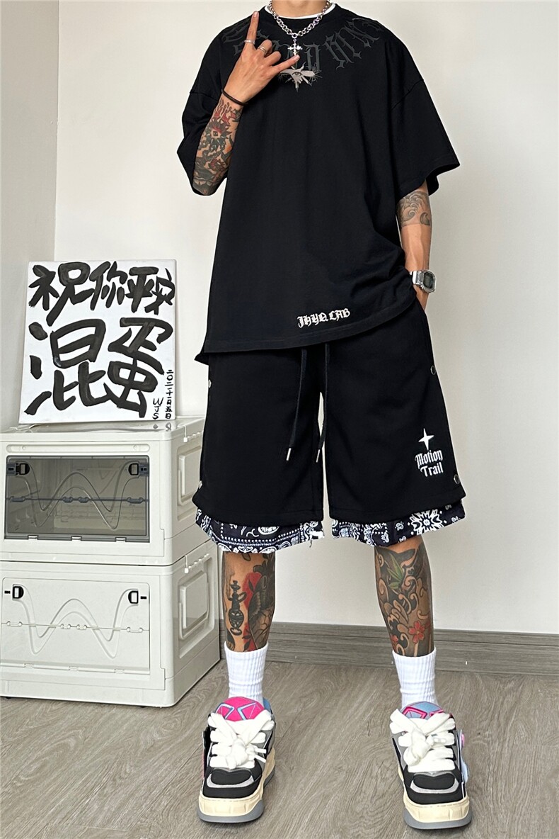 港风新款运动假两件短裤潮流腰果花五分裤B315-K23324-P45控58,男装休闲裤,电商B315