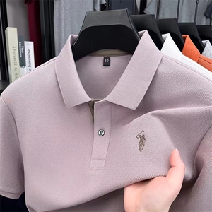 夏季Polo衫高端商务短袖POLO衫宽松男士T恤纯色刺绣休闲翻领上衣,牛仔衬衣搭配什么裤子好看吗图片