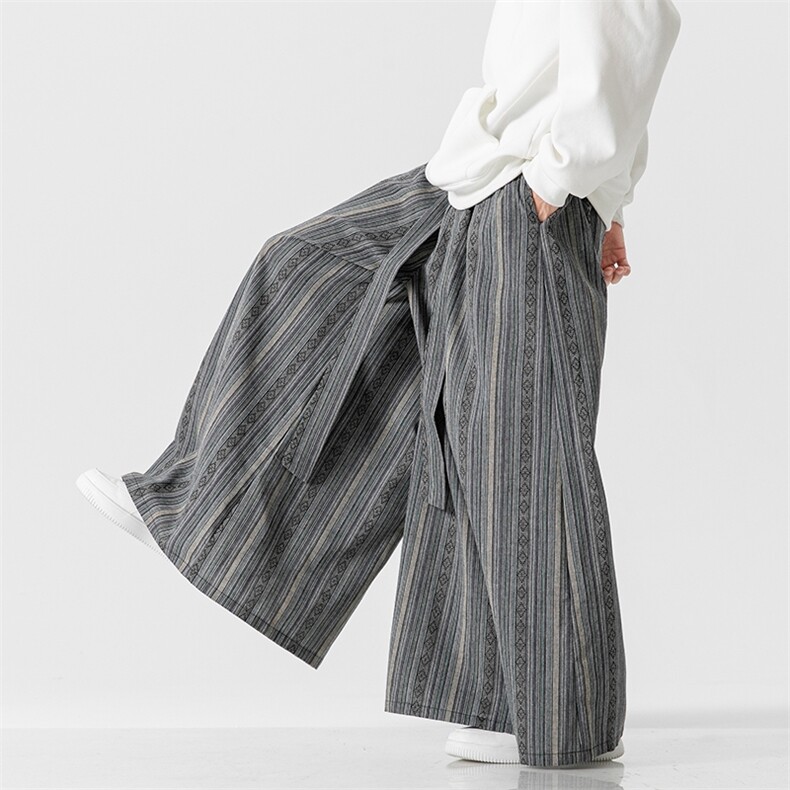 秋装日系大码风条纹阔腿裤民族风棉麻超宽松裙裤K241/P75，男装民族服装，钱塘713