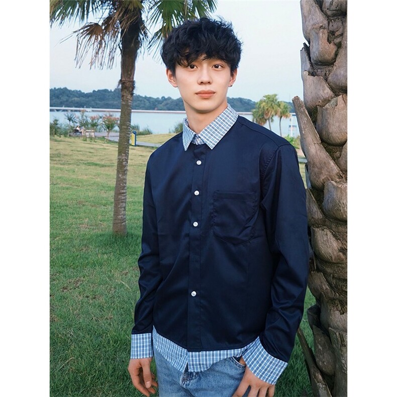 藏青色格纹拼接长袖衬衫男假两件POLO领衬衣情侣上衣CSA94-P47图片