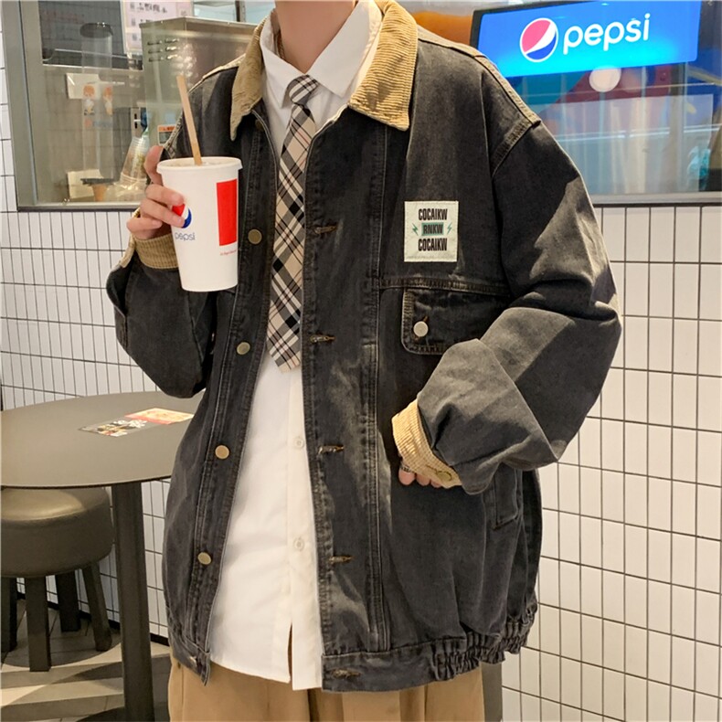 美式高街复古做旧水洗情侣拼接夹克oversize牛仔外套男J6948-p65，男装工装外套，星座1008-1