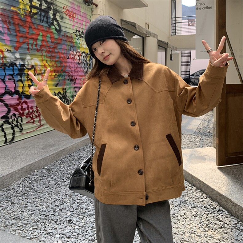 复古拼色翻领麂皮绒外套女2025秋季新款美式宽松百搭小个子夹克潮,女装短外套,慧峰