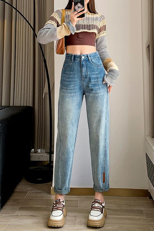 渐变高腰牛仔裤女2023春秋季新款宽松显瘦哈伦萝卜九分老爹裤,女装牛仔裤,梦白服饰厂
