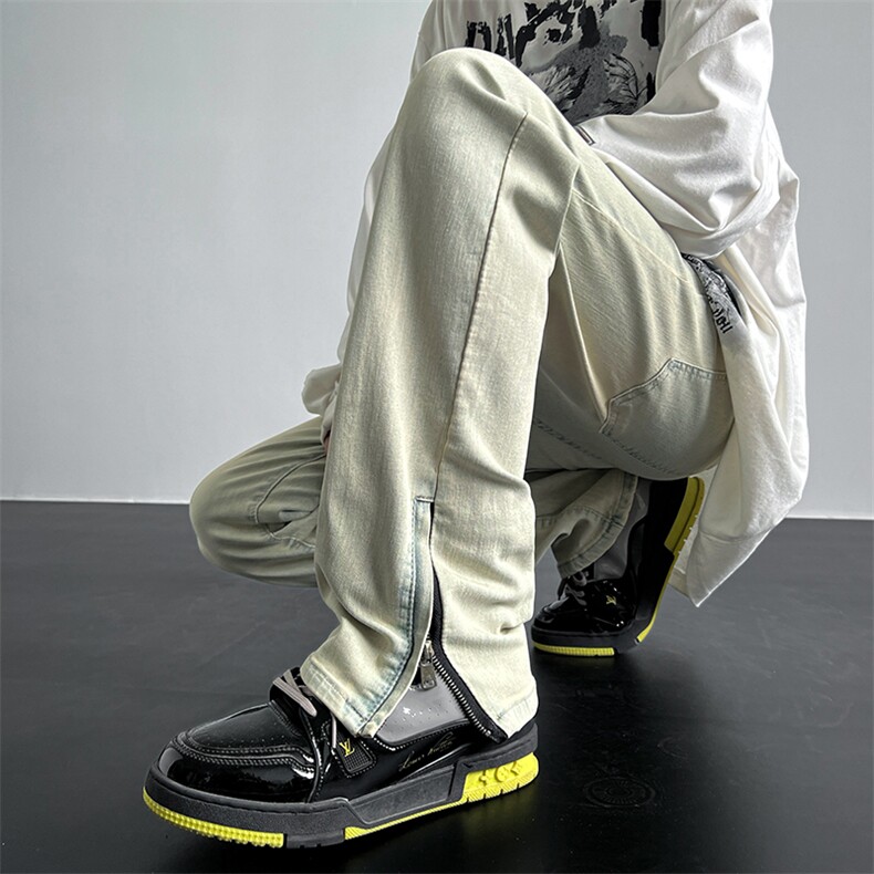 A062美式ins高街小众拉链牛仔裤泥黄色牛仔直筒裤K2317-P55,男装牛仔裤,电商A062