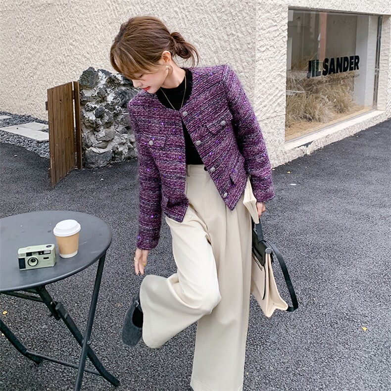 2025年冬季新款修身加厚毛呢羽绒服小香风外套女法式粗花呢上衣,女装毛呢外套,1D102-1