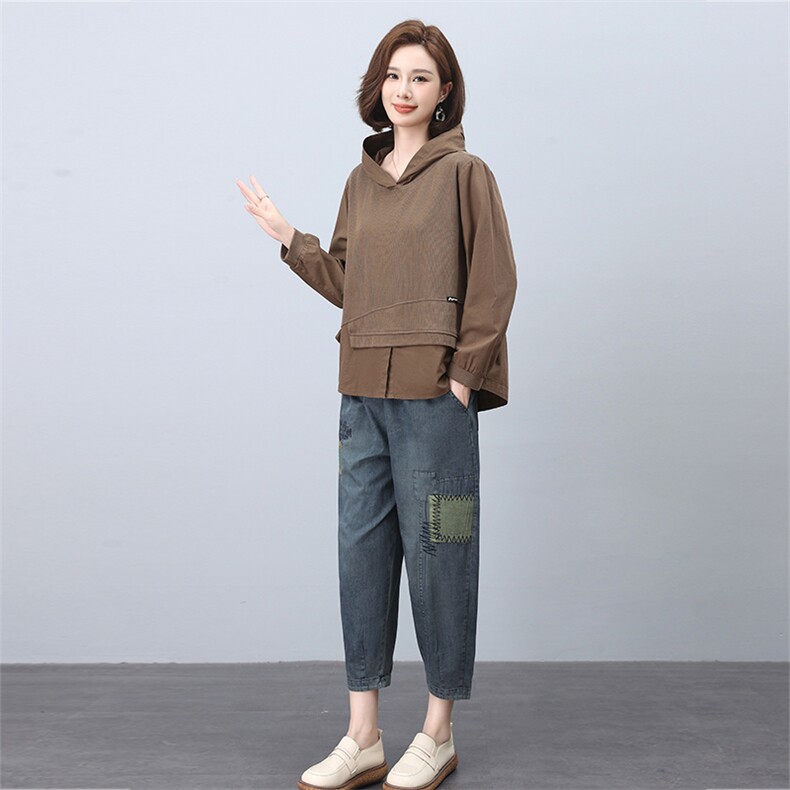 时尚休闲女装套装宽松显瘦长袖上衣+牛仔裤两件套舒适百搭日常穿搭,女装套装/套裙,叶笙衣
