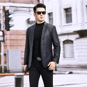 春秋款男士绵羊皮西服真皮休闲外套中年男装百搭通勤夹克蓝絮纹图片