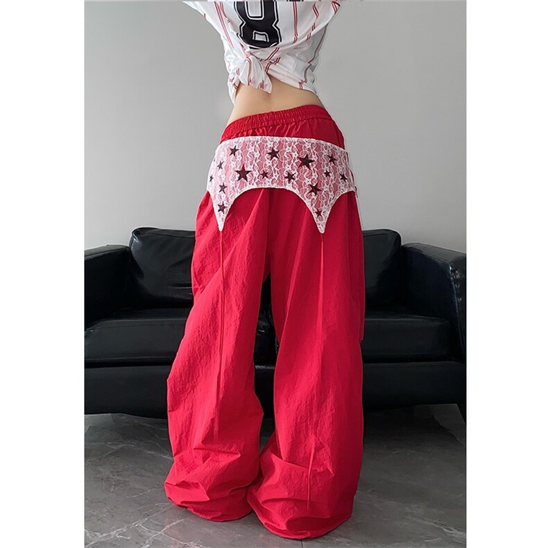 BabyStudios美式复古蕾丝屁帘休闲裤女夏季新款宽松阔腿褶皱长裤,女装休闲裤,星座1210-1