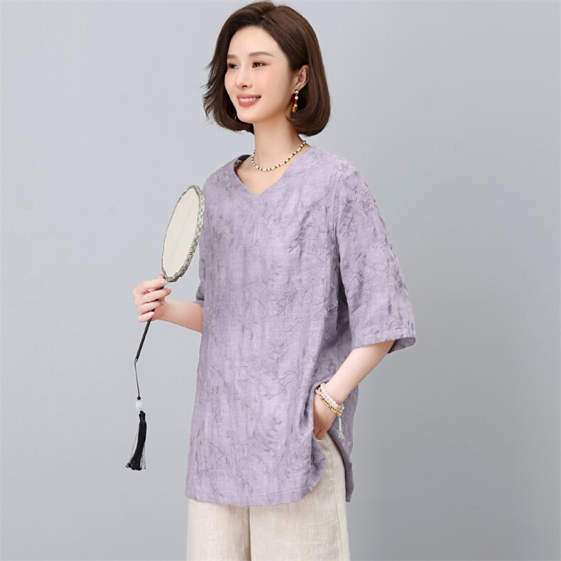 显瘦亚麻中长宽松中年妈妈女装2025新款t恤夏季短袖打底上衣棉麻图片