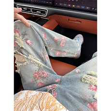 美式高街微喇牛仔裤男款夏季薄款设计感小众直筒乞丐花卉破洞裤子，男装牛仔裤，星座412-3