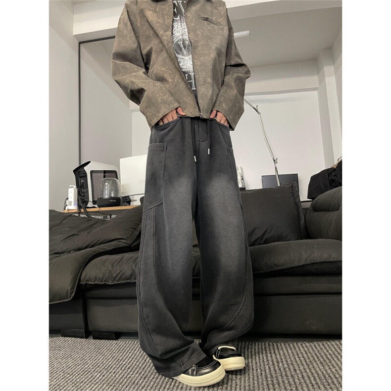 K844-特P55复古水洗复合宽松直筒拖地裤男女休闲垂感阔腿裤,男装休闲裤,电商B327