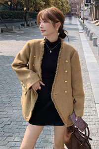 现货新款双面羊毛呢流苏定制款双排扣羊毛西装外套女p210-k298图片
